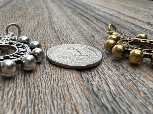 Antiqued Gold, Silver or Pewter Finger Rosary Ring with Hanging Top Ring, French Antique Replica Dizainier, Fleur de Lis Rosary Necklace