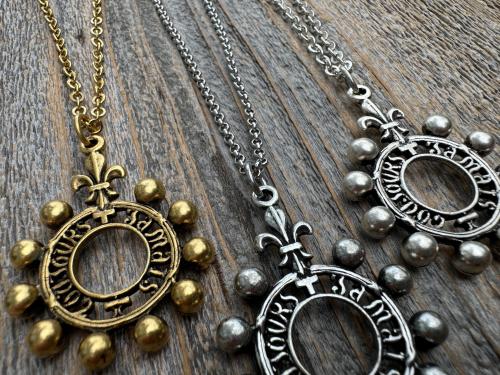 Antiqued Gold, Silver or Pewter Finger Rosary Ring with Hanging Top Ring, French Antique Replica Dizainier, Fleur de Lis Rosary Necklace