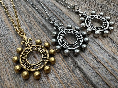 Antiqued Gold, Silver or Pewter Finger Rosary Ring with Hanging Top Ring, French Antique Replica Dizainier, Fleur de Lis Rosary Necklace