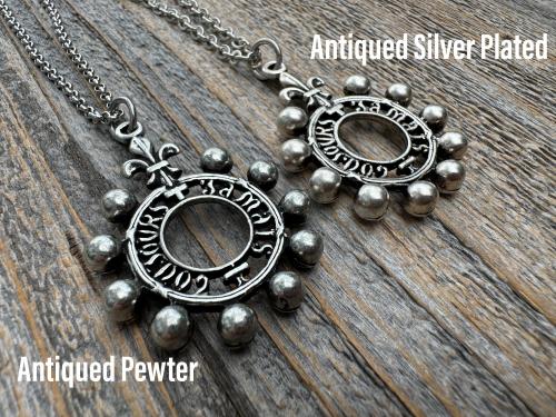 Antiqued Gold, Silver or Pewter Finger Rosary Ring with Hanging Top Ring, French Antique Replica Dizainier, Fleur de Lis Rosary Necklace