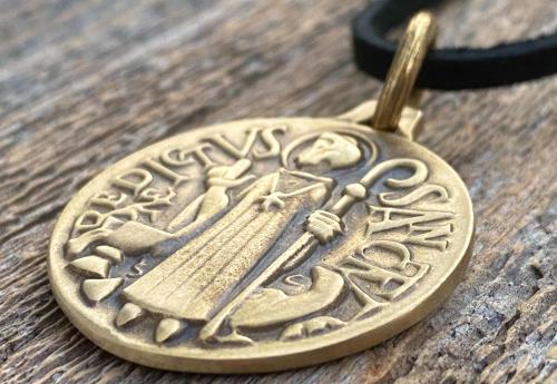 Large Gold Bronze French St Benedict Medallion, Antique Replica of Artist J Balme Medal, Big Holy Father Saint Benedicti Pendant from France
