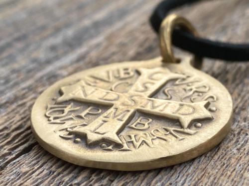 Large Gold Bronze French St Benedict Medallion, Antique Replica of Artist J Balme Medal, Big Holy Father Saint Benedicti Pendant from France
