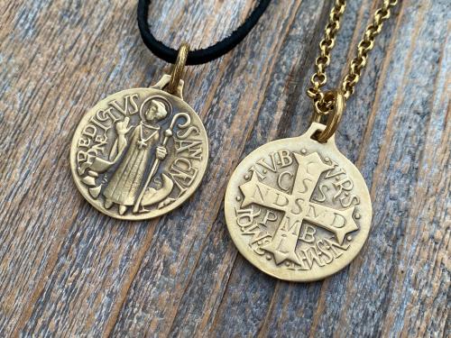 Large Gold Bronze French St Benedict Medallion, Antique Replica of Artist J Balme Medal, Big Holy Father Saint Benedicti Pendant from France