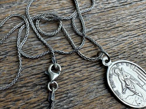 Sterling Silver St Agatha & St Lucia Medal Pendant Necklace, Antique Replica of French Medal with Latin Wording, Rare and Old Medallion Lucy