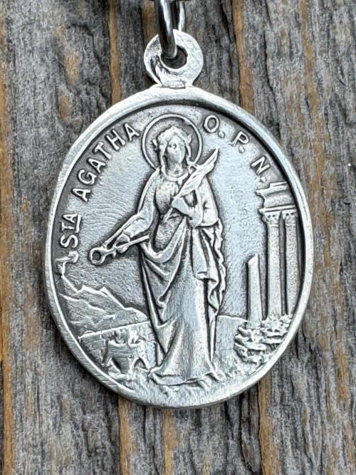 Sterling Silver St Agatha & St Lucia Medal Pendant Necklace, Antique Replica of French Medal with Latin Wording, Rare and Old Medallion Lucy