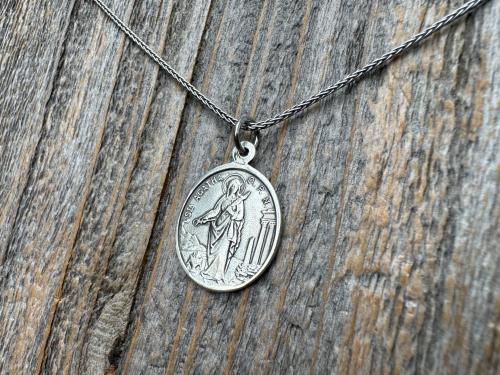 Sterling Silver St Agatha & St Lucia Medal Pendant Necklace, Antique Replica of French Medal with Latin Wording, Rare and Old Medallion Lucy