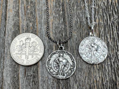Small Antiqued or Shiny Sterling Silver St Michael Medal, Antique Replica of Rare French Medallion, Saint Michael the Archangel Pendant