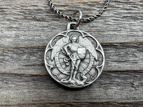 Small Antiqued or Shiny Sterling Silver St Michael Medal, Antique Replica of Rare French Medallion, Saint Michael the Archangel Pendant