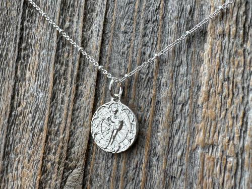 Small Antiqued or Shiny Sterling Silver St Michael Medal, Antique Replica of Rare French Medallion, Saint Michael the Archangel Pendant