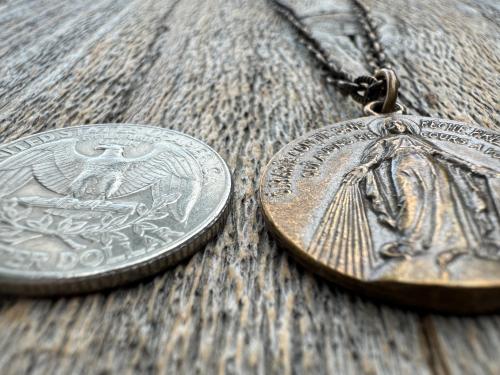Bronze Large French Miraculous Medal, Antique Replica, Big Round Miraculous Medal, Bronze Miraculous Pendant Necklace, by OBC, from France