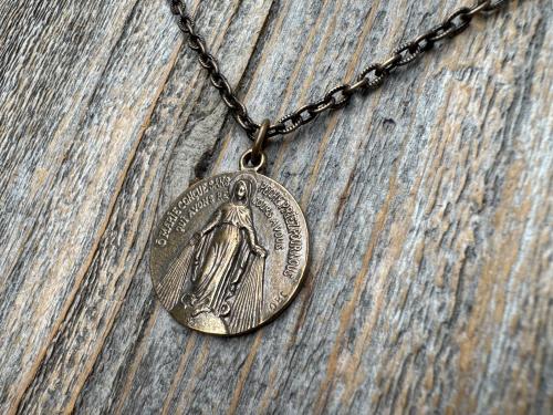 Bronze Large French Miraculous Medal, Antique Replica, Big Round Miraculous Medal, Bronze Miraculous Pendant Necklace, by OBC, from France