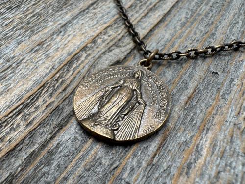 Bronze Large French Miraculous Medal, Antique Replica, Big Round Miraculous Medal, Bronze Miraculous Pendant Necklace, by OBC, from France