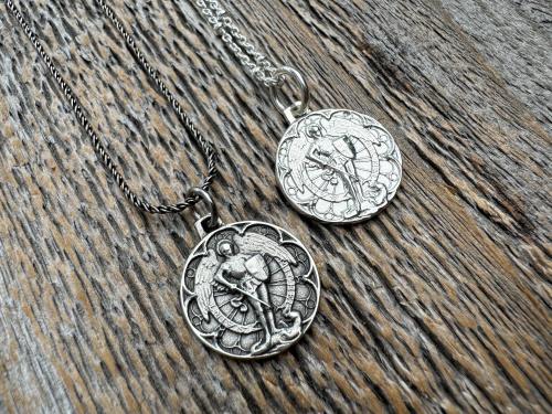 Small Antiqued or Shiny Sterling Silver St Michael Medal, Antique Replica of Rare French Medallion, Saint Michael the Archangel Pendant