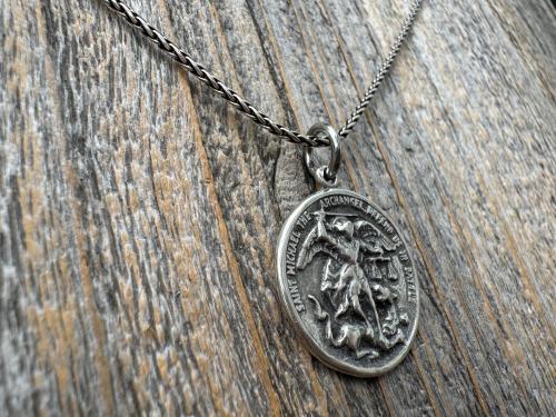 Large Sterling Silver St Michael Medal, Reverses to St Christopher, Antique Replica Medallion, Antiqued Saint Michael the Archangel Pendant