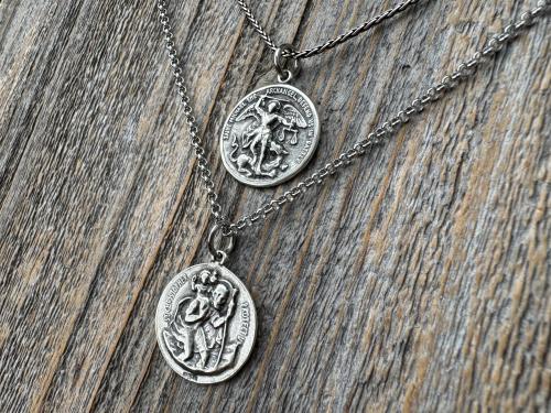 Large Sterling Silver St Michael Medal, Reverses to St Christopher, Antique Replica Medallion, Antiqued Saint Michael the Archangel Pendant