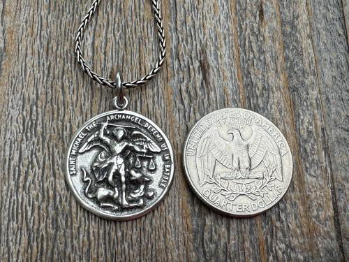 Large Sterling Silver St Michael Medal, Reverses to St Christopher, Antique Replica Medallion, Antiqued Saint Michael the Archangel Pendant