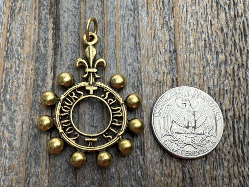 Antiqued Gold, Silver or Pewter Finger Rosary Ring with Hanging Top Ring, French Antique Replica Dizainier, Fleur de Lis Rosary Necklace