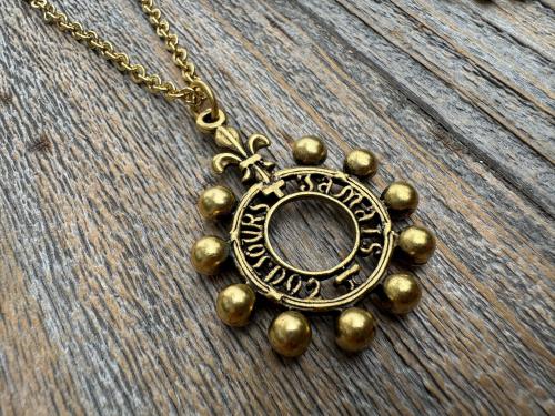 Antiqued Gold, Silver or Pewter Finger Rosary Ring with Hanging Top Ring, French Antique Replica Dizainier, Fleur de Lis Rosary Necklace