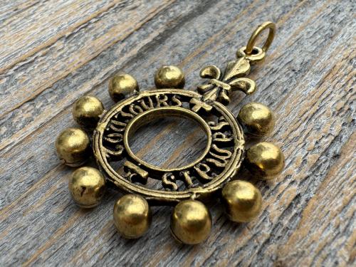 Antiqued Gold, Silver or Pewter Finger Rosary Ring with Hanging Top Ring, French Antique Replica Dizainier, Fleur de Lis Rosary Necklace