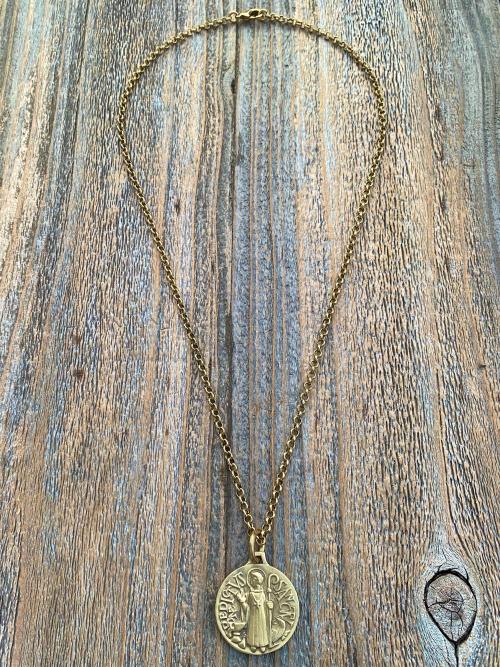 Large Gold Bronze French St Benedict Medallion, Antique Replica of Artist J Balme Medal, Big Holy Father Saint Benedicti Pendant from France