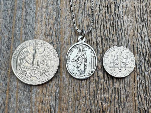 Sterling Silver St Agatha & St Lucia Medal Pendant Necklace, Antique Replica of French Medal with Latin Wording, Rare and Old Medallion Lucy