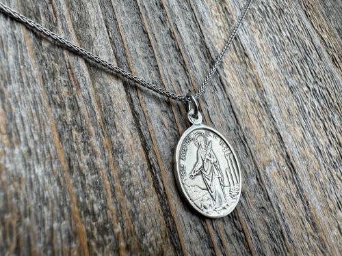 Sterling Silver St Agatha & St Lucia Medal Pendant Necklace, Antique Replica of French Medal with Latin Wording, Rare and Old Medallion Lucy