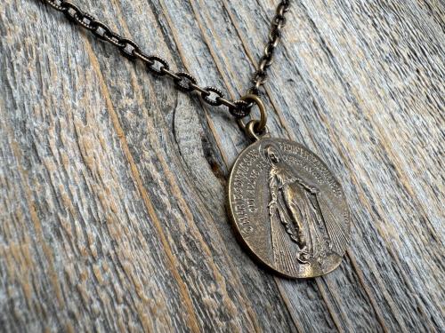 Bronze Large French Miraculous Medal, Antique Replica, Big Round Miraculous Medal, Bronze Miraculous Pendant Necklace, by OBC, from France