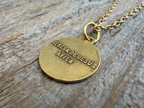 Antiqued Gold or Pewter Saint Teresa of Avila Pendant, Handmade Replica of Antique Medallion from Spain, St. Teresa of Ávila Round Medal