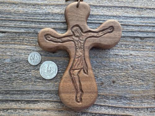 Walnut ByRon PalmCross with Engraved Crucified Christ, *Has TOP HOLE to add a cord*, Palm Comfort Cross, Hand Engraved and Artisan Handmade