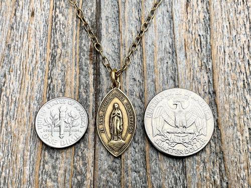 Antique Gold Immaculate Conception & Sacred Heart of Jesus French Antique Replica Medallion, Our Lady of Lourdes, Signed Penin Lyon France