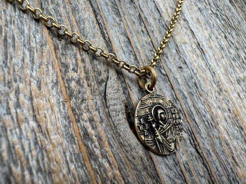 St Paraskeva (St. Paraskeve) Medallion in Antiqued Gold or Shiny Gold Bronze, Small Round Antique Replica, Orthodox Saint Paraskevi Pendant