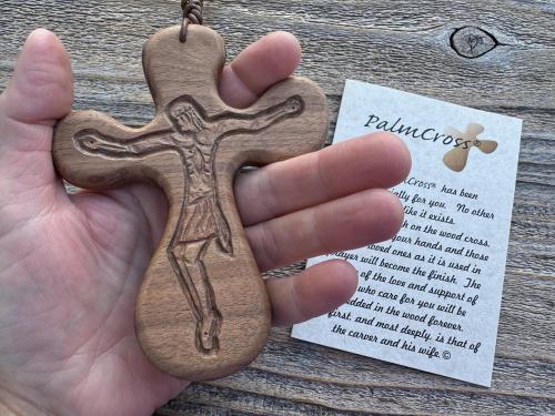 Palm Crucifix Single Decade Rosary, Walnut ByRon PalmCross with Engraved Crucified Christ, Hand Engraved and Artisan Handmade