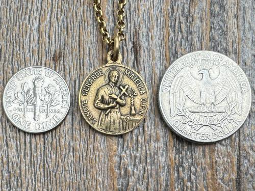 Antique Gold Saint Gerard Majella & Our Lady of Perpetual Help Pendant Necklace, Antique Replica Medal, Saint of Expectant Mothers Fertility
