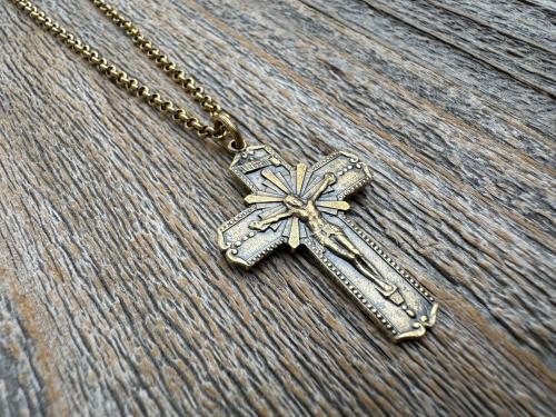 Antiqued Gold Radiant Crucifix Cross, Pendant Necklace, Antique Replica Crucifix, Jesus with Extending Rays, Our Lord Jesus Christ Medallion
