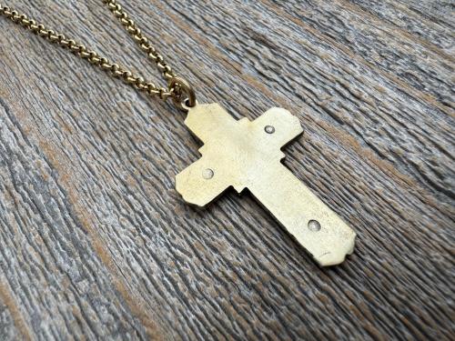 Antiqued Gold Radiant Crucifix Cross, Pendant Necklace, Antique Replica Crucifix, Jesus with Extending Rays, Our Lord Jesus Christ Medallion
