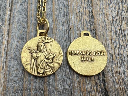 Antiqued Gold or Pewter Saint Teresa of Avila Pendant, Handmade Replica of Antique Medallion from Spain, St. Teresa of Ávila Round Medal