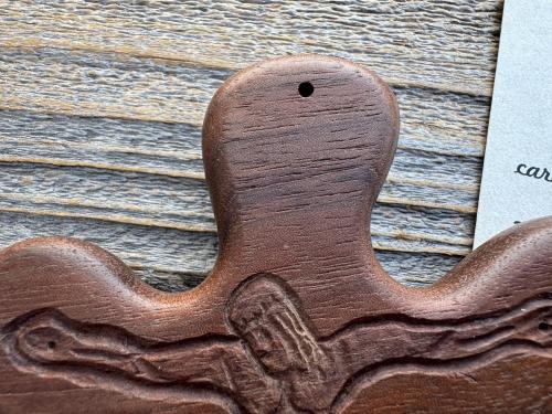 Walnut ByRon PalmCross with Engraved Crucified Christ, *Has TOP HOLE to add a cord*, Palm Comfort Cross, Hand Engraved and Artisan Handmade