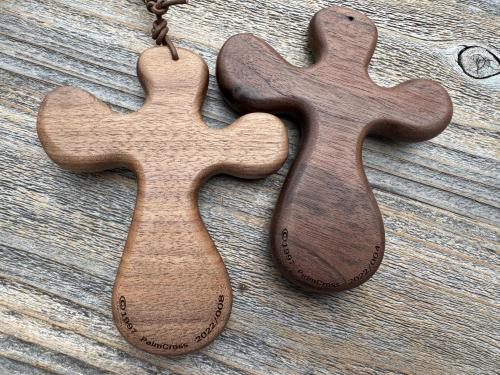 Walnut ByRon PalmCross with Engraved Crucified Christ, *Has TOP HOLE to add a cord*, Palm Comfort Cross, Hand Engraved and Artisan Handmade
