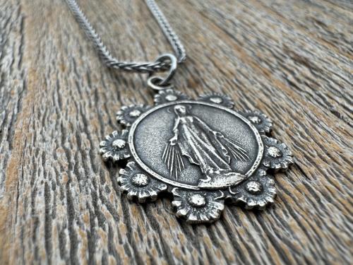 Sterling Silver Our Lady of the Rosary Antique Replica Pendant and Necklace, Notre-Dame-Du-Cap Medal, Our Lady of the Cape Shrine Notre Dame