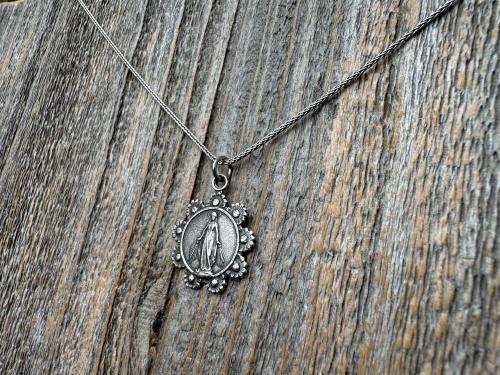 Sterling Silver Our Lady of the Rosary Antique Replica Pendant and Necklace, Notre-Dame-Du-Cap Medal, Our Lady of the Cape Shrine Notre Dame