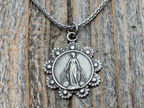 Sterling Silver Our Lady of the Rosary Antique Replica Pendant and Necklace, Notre-Dame-Du-Cap Medal, Our Lady of the Cape Shrine Notre Dame