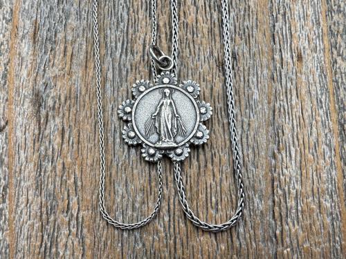 Sterling Silver Our Lady of the Rosary Antique Replica Pendant and Necklace, Notre-Dame-Du-Cap Medal, Our Lady of the Cape Shrine Notre Dame