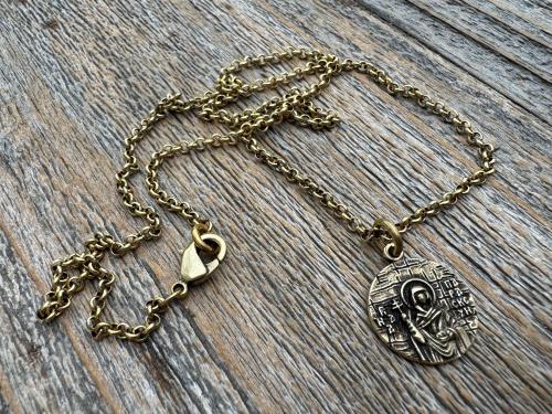 St Paraskeva (St. Paraskeve) Medallion in Antiqued Gold or Shiny Gold Bronze, Small Round Antique Replica, Orthodox Saint Paraskevi Pendant