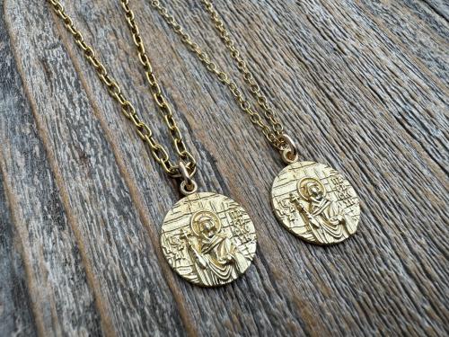 St Paraskeva (St. Paraskeve) Medallion in Antiqued Gold or Shiny Gold Bronze, Small Round Antique Replica, Orthodox Saint Paraskevi Pendant
