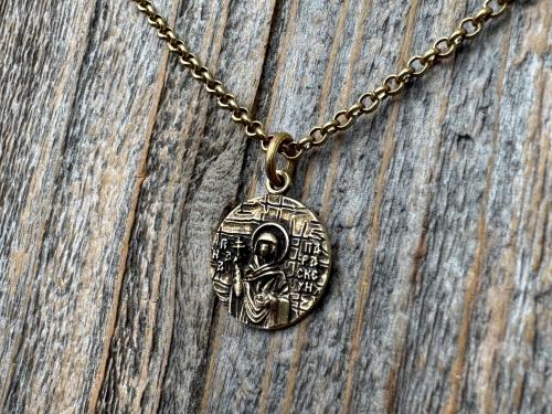 St Paraskeva (St. Paraskeve) Medallion in Antiqued Gold or Shiny Gold Bronze, Small Round Antique Replica, Orthodox Saint Paraskevi Pendant