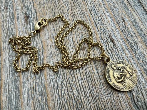 Antique Gold Saint Gerard Majella & Our Lady of Perpetual Help Pendant Necklace, Antique Replica Medal, Saint of Expectant Mothers Fertility
