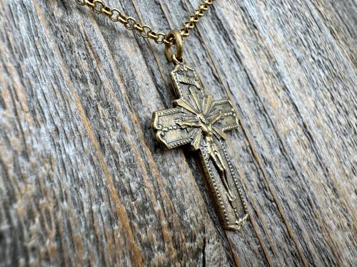Antiqued Gold Radiant Crucifix Cross, Pendant Necklace, Antique Replica Crucifix, Jesus with Extending Rays, Our Lord Jesus Christ Medallion