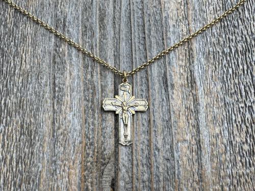 Antiqued Gold Radiant Crucifix Cross, Pendant Necklace, Antique Replica Crucifix, Jesus with Extending Rays, Our Lord Jesus Christ Medallion