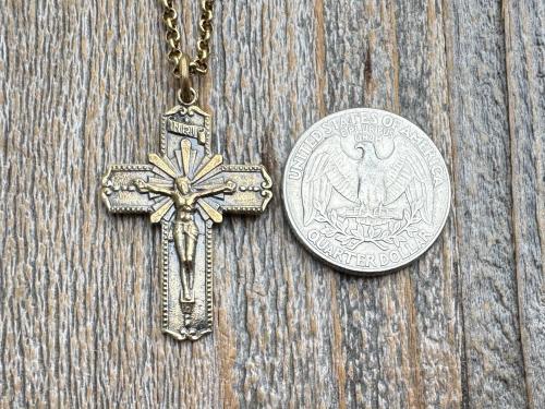 Antiqued Gold Radiant Crucifix Cross, Pendant Necklace, Antique Replica Crucifix, Jesus with Extending Rays, Our Lord Jesus Christ Medallion