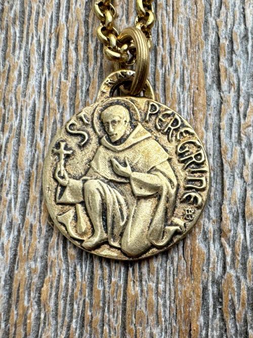 Antique Gold St. Peregrine Medallion - Antique Replica of Small French Medal - Patron Saint of Cancer - Saint Peregrinus Laziosi, Pellegrino